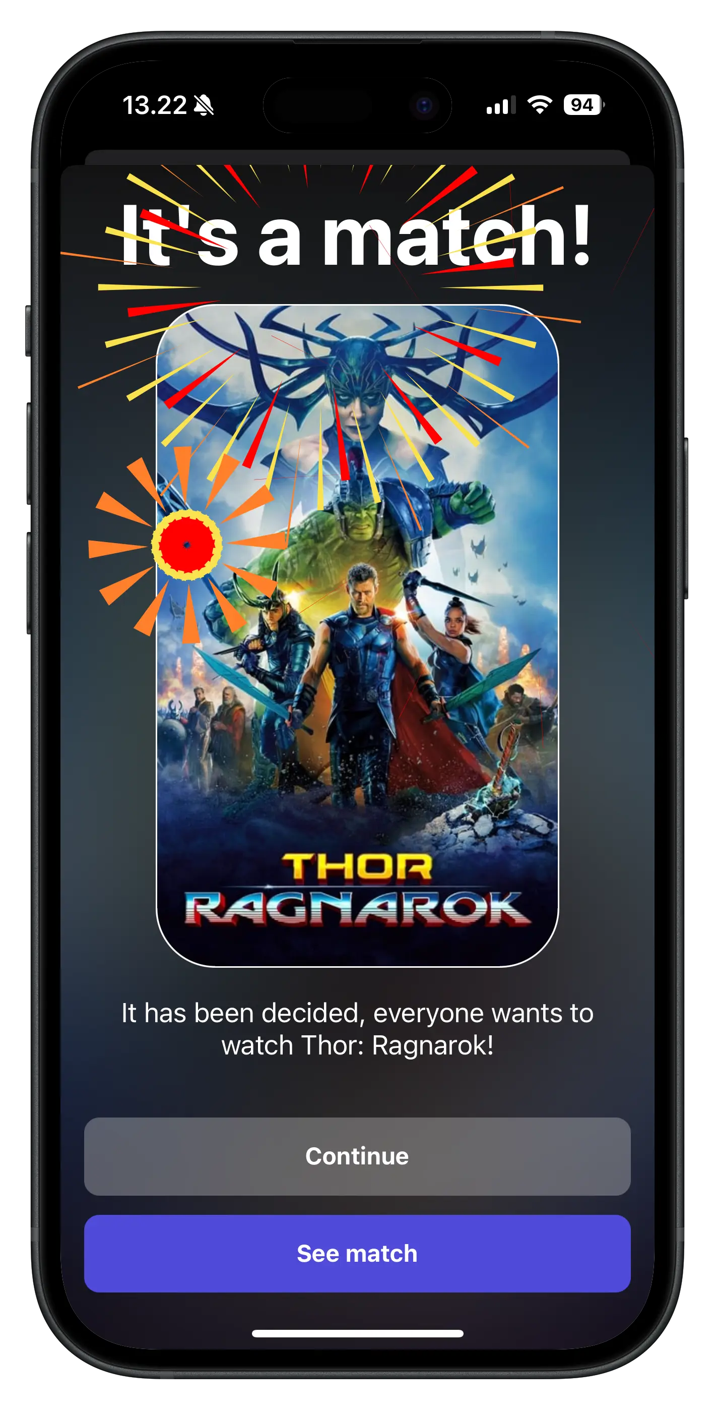 SeeMatch app preview showcasing a movie match